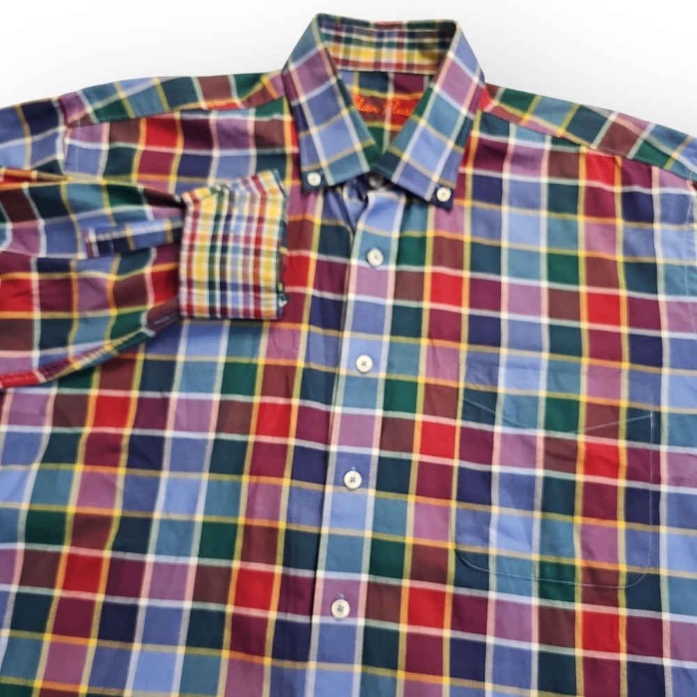 Alan‎ Flusser 100% Cotton Flip Cuff Colorful Plaid Shirt Size Large